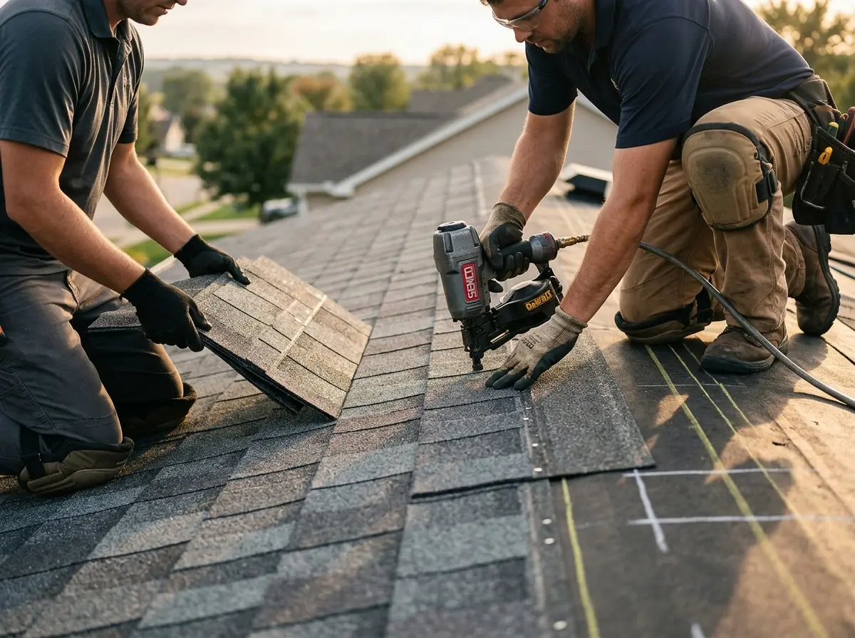 Professional roofer working on a residential roof in Cayce